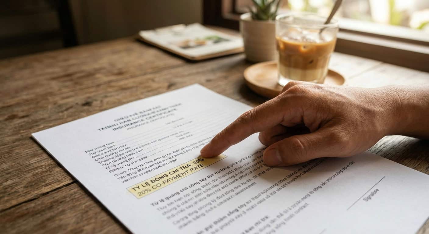Bàn tay chỉ vào tỷ lệ đồng chi trả 20% trên chứng nhận bảo hiểm đặt trên bàn gỗ.