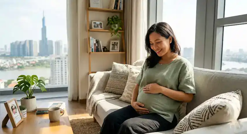 Phụ nữ mang thai châu Á mỉm cười hạnh phúc, ôm bụng bầu trên sofa trong căn hộ hiện đại nhìn ra thành phố.