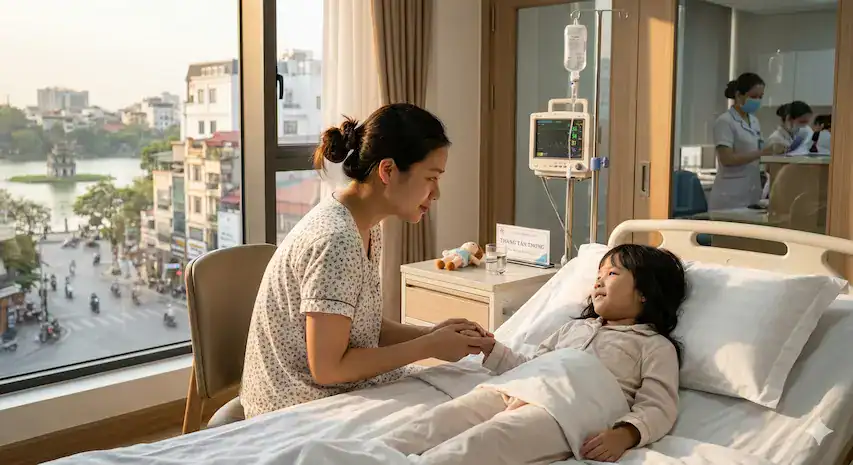 Mẹ ân cần nắm tay con gái trên giường bệnh, khung cảnh Hồ Gươm và thành phố Hà Nội qua cửa sổ.